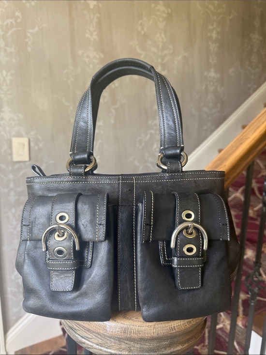 Handbags - COACH Soho, leather double pocket satchel/tote, preowned black, and silver